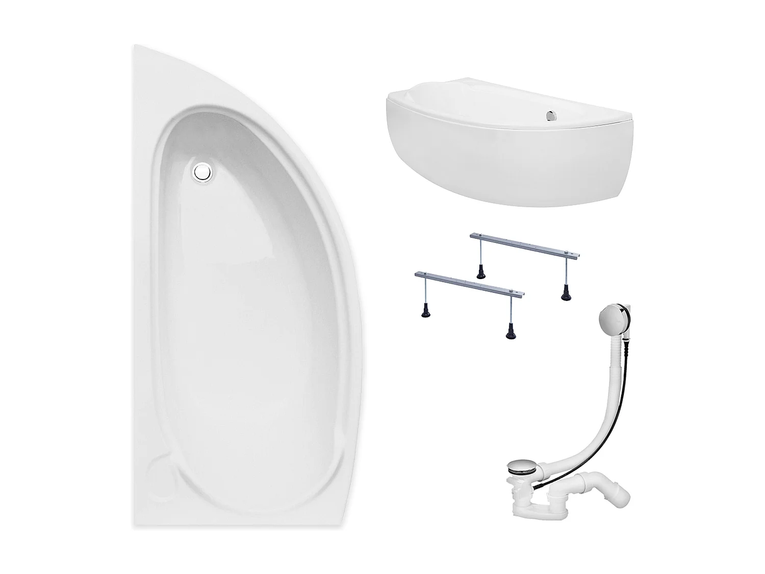 Baignoire asymétrique 150x70 Gauche MINI acrylique blanc + avec Tablier + Pieds + Vidage à chromé