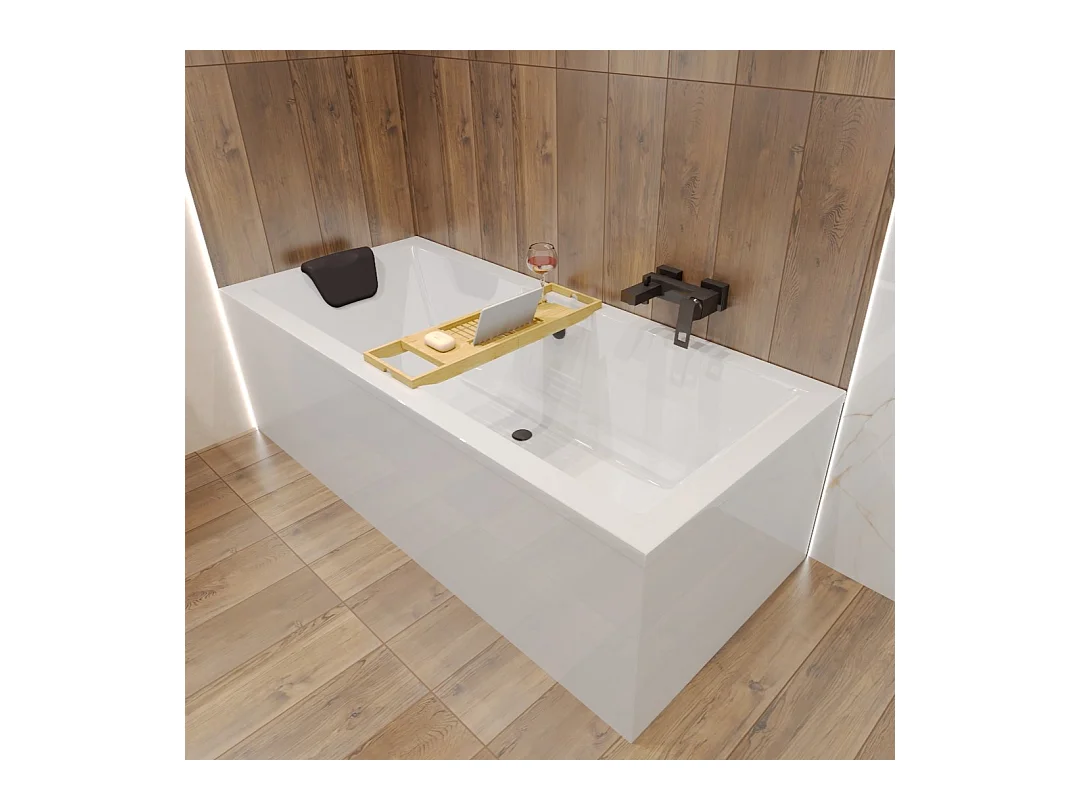 Baignoire rectangulaire 175x80 QUADRO acrylique blanc, sans Habillage + Repose Tête + Étagère bambou + Pieds + Vidage à chromé