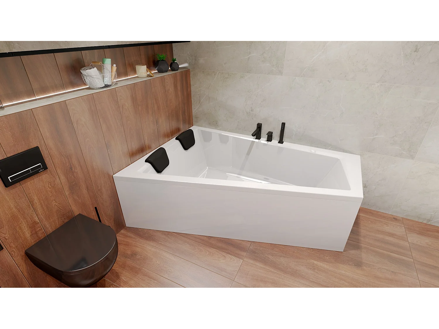 Baignoire asymétrique 180x125 Gauche INTIMA acrylique blanc, sans Habillage + Repose Tête + Pieds + Vidage à chromé