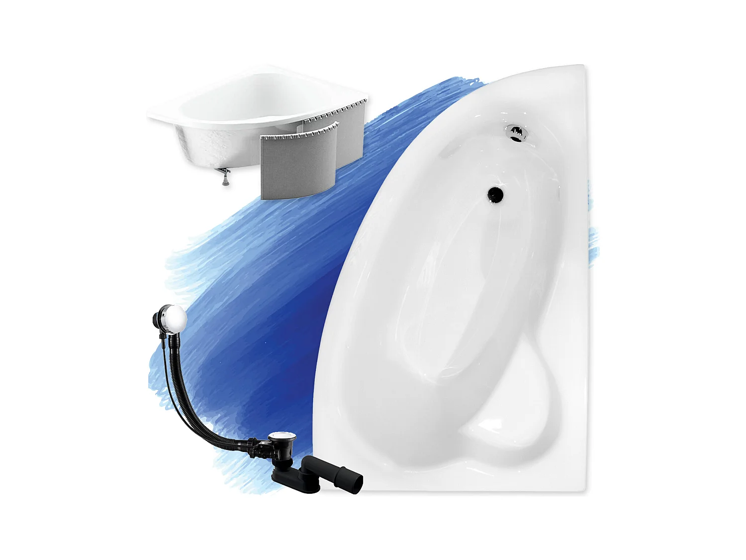 Baignoire asymétrique 150x100 Droite NATALIA acrylique blanc + Habillage en polystyrène + Pieds + Vidage à chromé