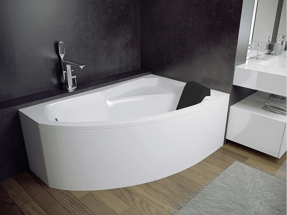 Badewanne Eckwanne RIMA 150x95 Rechts mit AcrylSchürze und schwarzer Kopfstützen | Ablauf & Füße GRATIS !