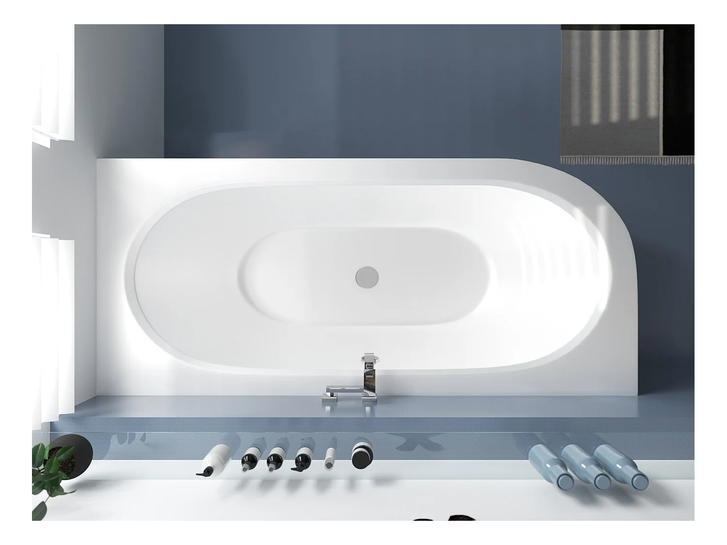 Baignoire asymétrique 170x75 Droite AVITA acrylique blanc + avec Tablier + Pieds + Vidage à chromé