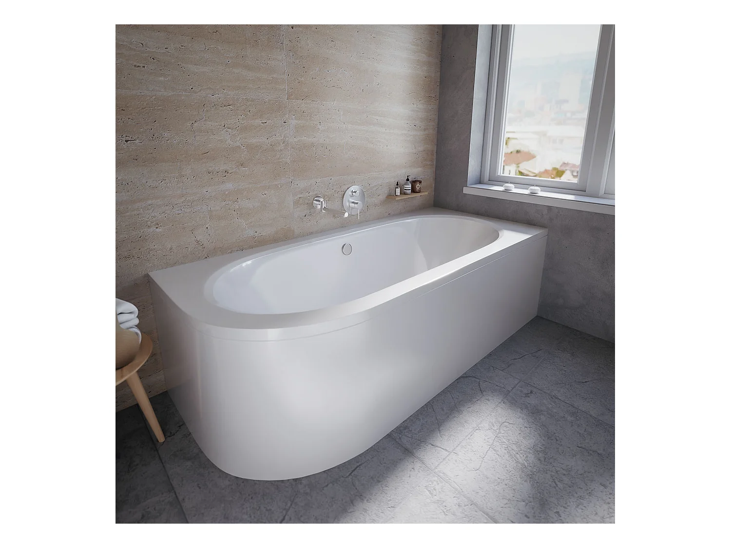 Baignoire asymétrique 170x75 Droite AVITA acrylique blanc + avec Tablier + Pieds + Vidage à chromé