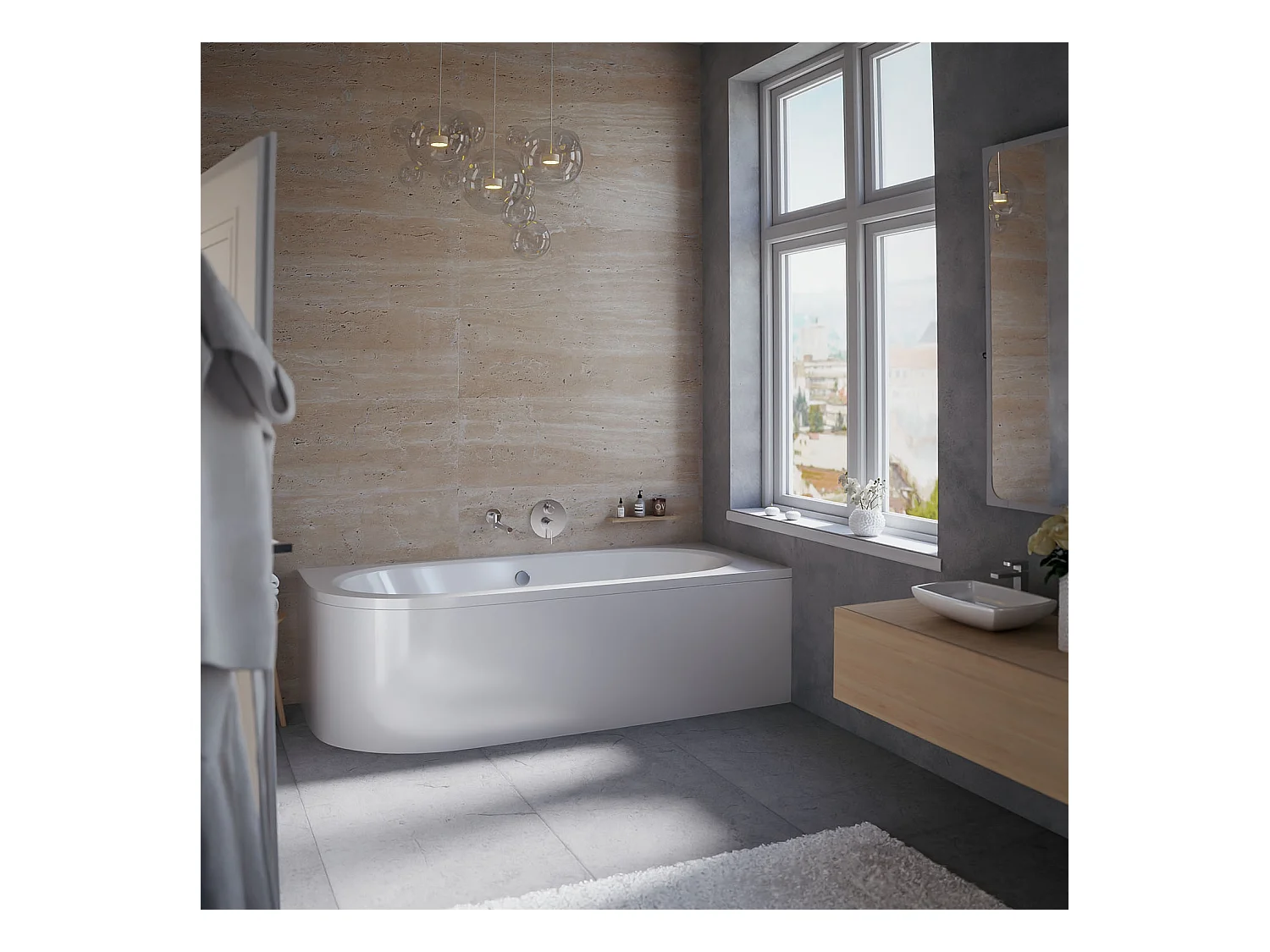 Baignoire asymétrique 170x75 Droite AVITA acrylique blanc + avec Tablier + Pieds + Vidage à chromé