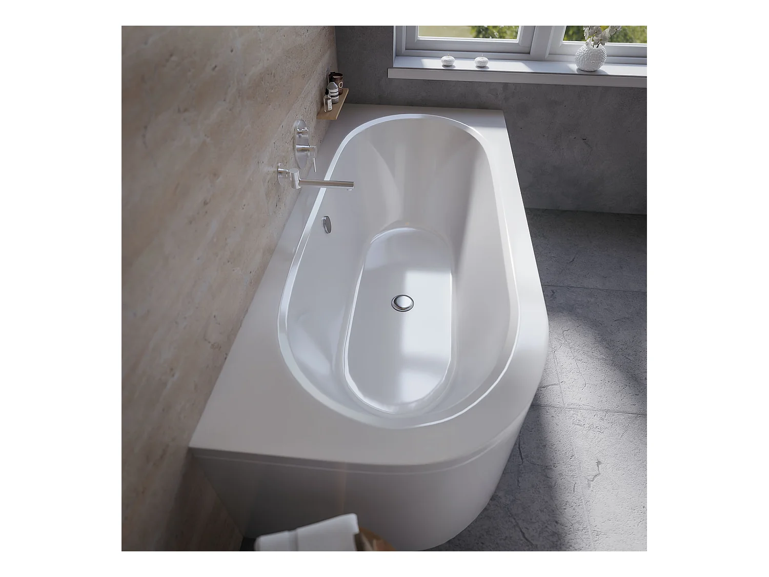 Baignoire asymétrique 170x75 Droite AVITA acrylique blanc + avec Tablier + Pieds + Vidage à chromé