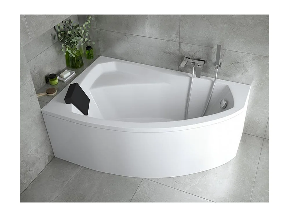 Baignoire asymétrique 150x95 Gauche RIMA acrylique blanc + Habillage en polystyrène + Repose Tête + Pieds + Vidage à chromé