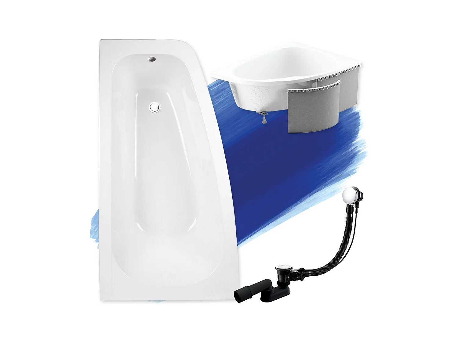 Baignoire asymétrique 150x80 Gauche LUNA acrylique blanc + Habillage en polystyrène + Pieds + Vidage à chromé