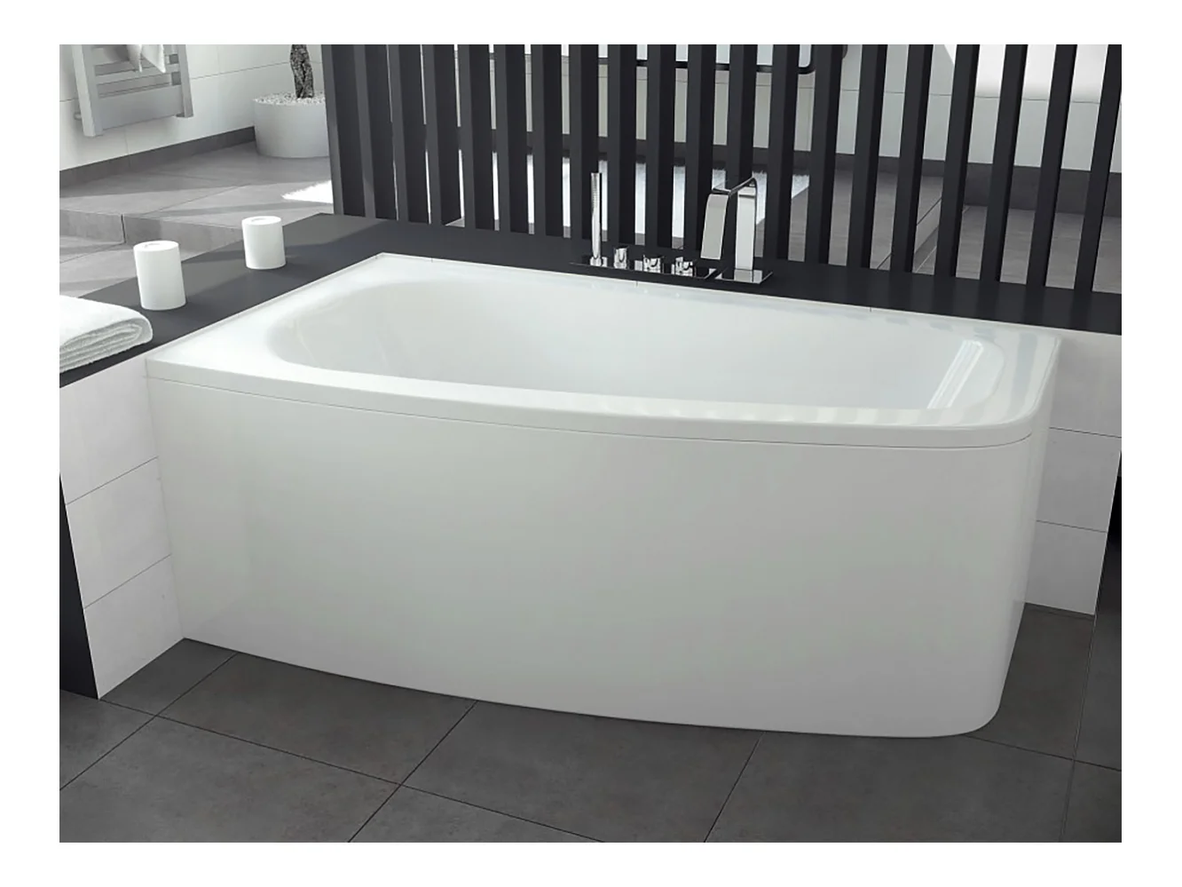 Baignoire asymétrique 150x80 Gauche LUNA acrylique blanc + Habillage en polystyrène + Pieds + Vidage à chromé