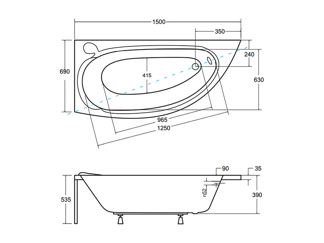 Hoekbad MINI 150x70 links met piepschuim bekleding | Afvoer &amp; poten GRATIS!