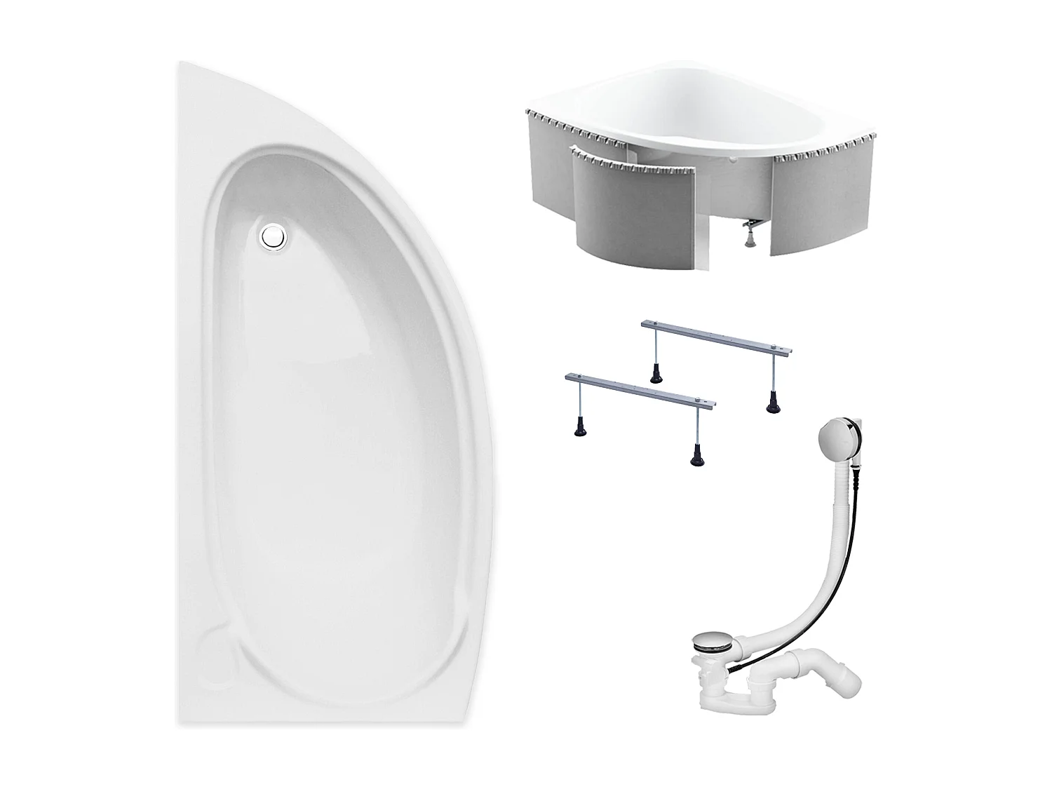 Baignoire asymétrique 150x70 Gauche MINI acrylique blanc + Habillage en polystyrène + Pieds + Vidage à chromé