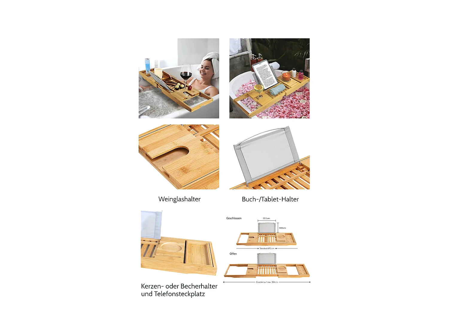 Badewanne Rechteck MODERN 150x70  + Kopfstütze KODI + Bambus Badewannenablage | Ablauf & Füße GRATIS !