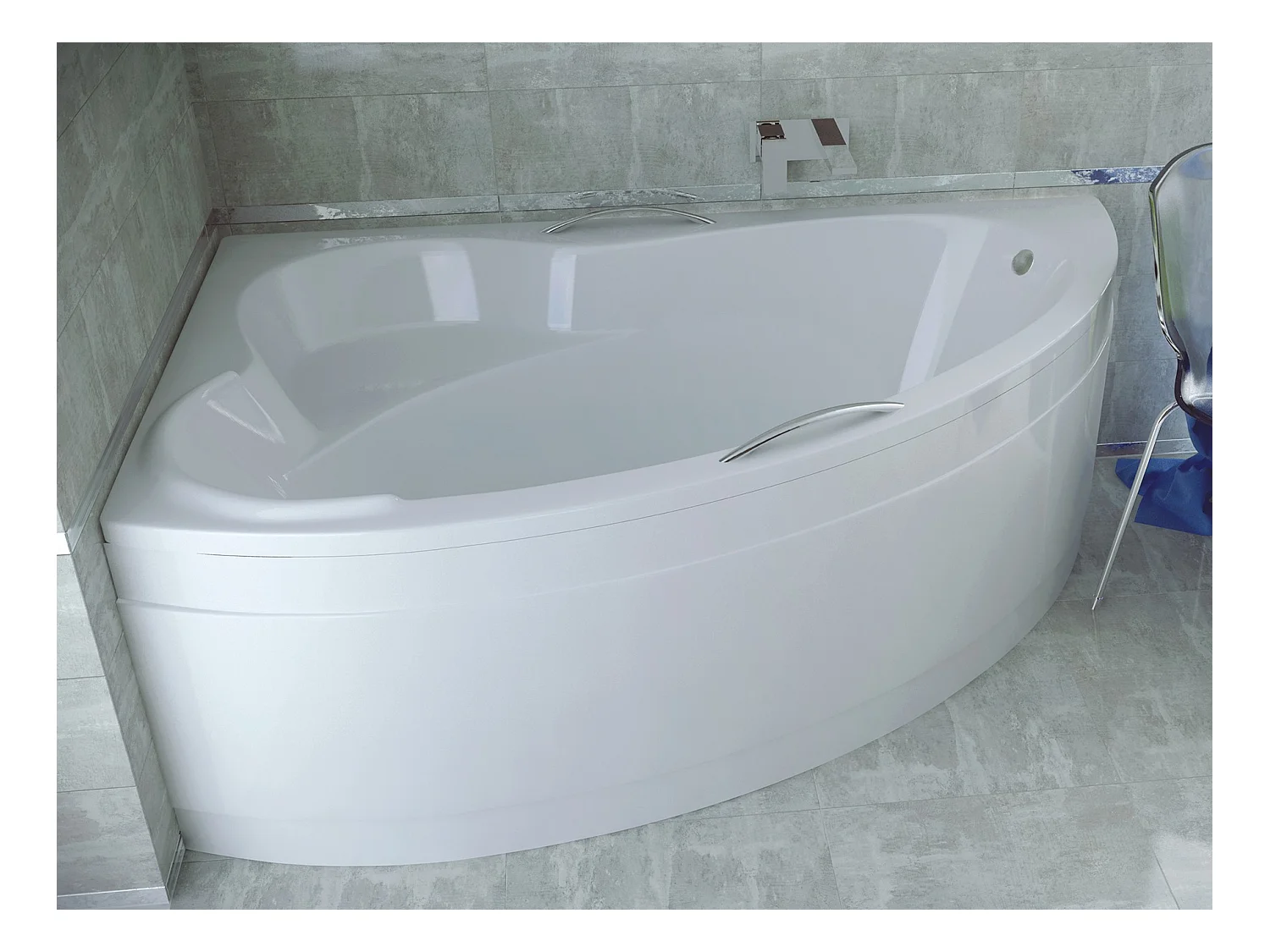 Baignoire asymétrique 140x90 Gauche ADA acrylique blanc + avec Tablier + Pieds + Vidage à chromé
