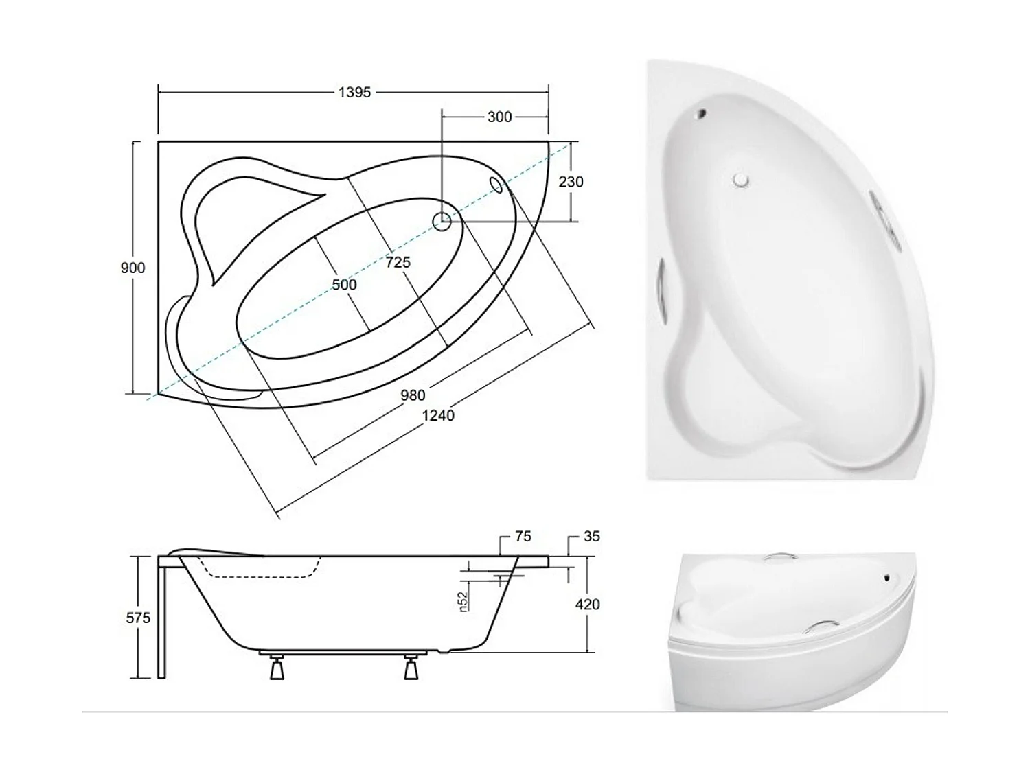 Badewanne Eckwanne ADA 140x90 Links mit AcrylSchürze | Ablauf & Füße GRATIS !