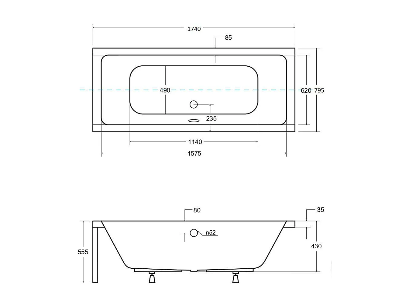 Badewanne Rechteck QUADRO 175x80 + Bambus Badewannenablage | Ablauf & Füße GRATIS !