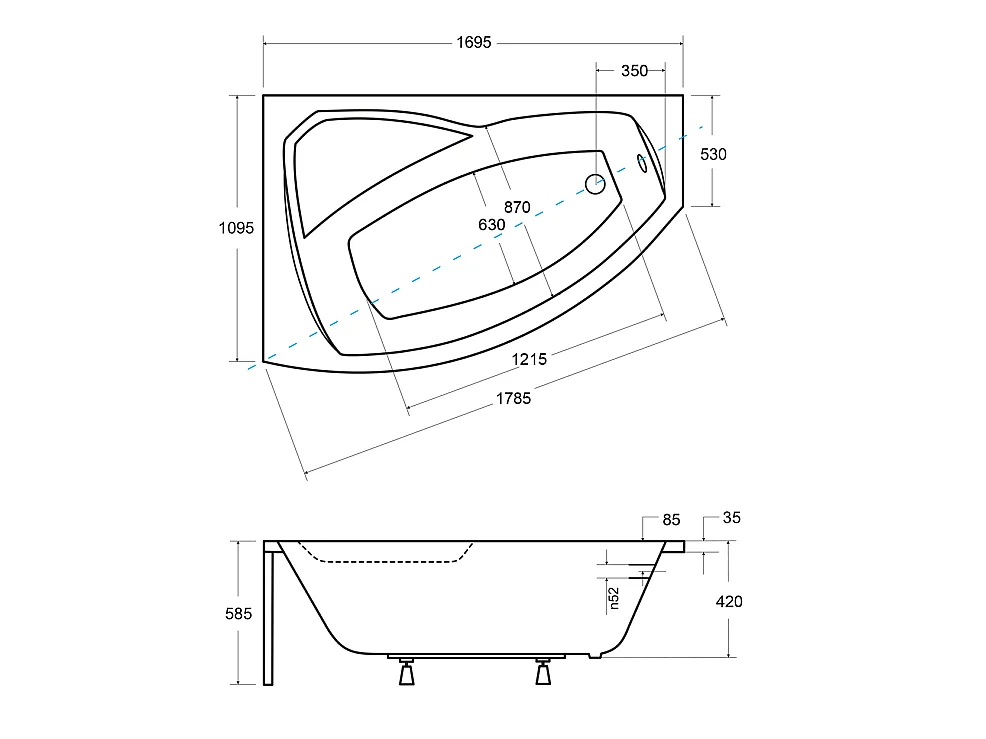 Badewanne Eckwanne RIMA 170x110 Links mit schwarzer Kopfstützen | Ablauf & Füße GRATIS !
