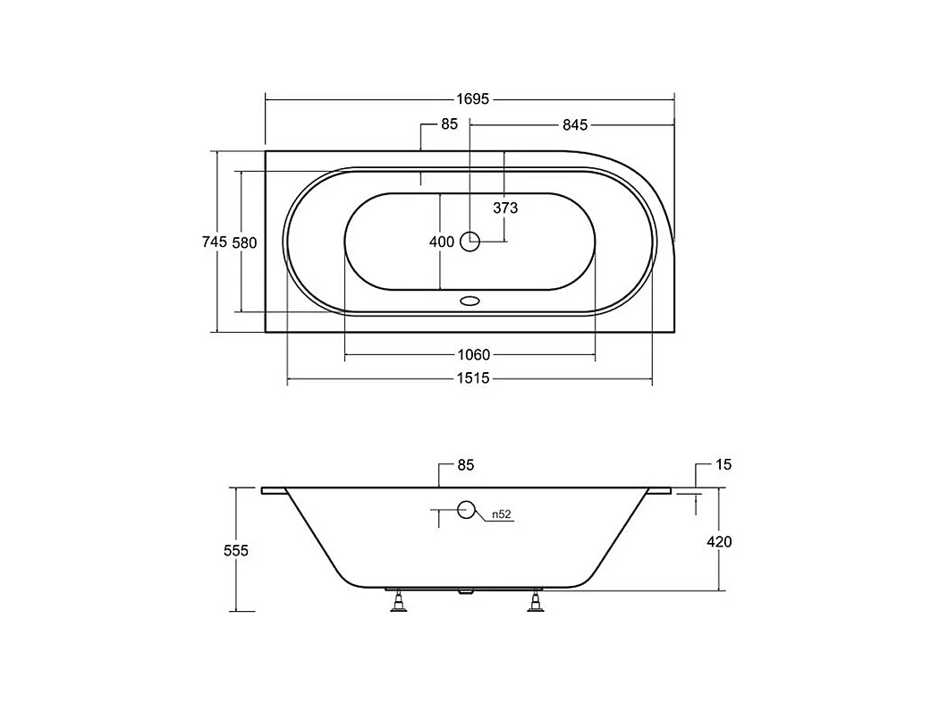 Baignoire asymétrique 170x75 Droite AVITA SLIM acrylique blanc, sans Habillage + Pieds + Vidage à chromé