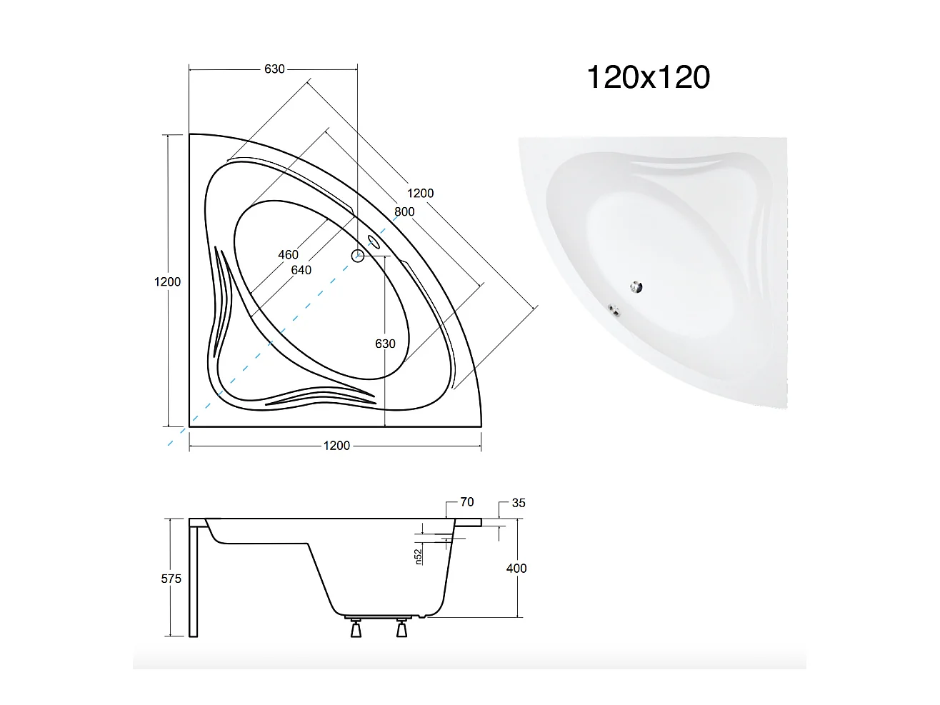 Badewanne Eckwanne MIA 120x120 | Ablauf & Füße GRATIS !