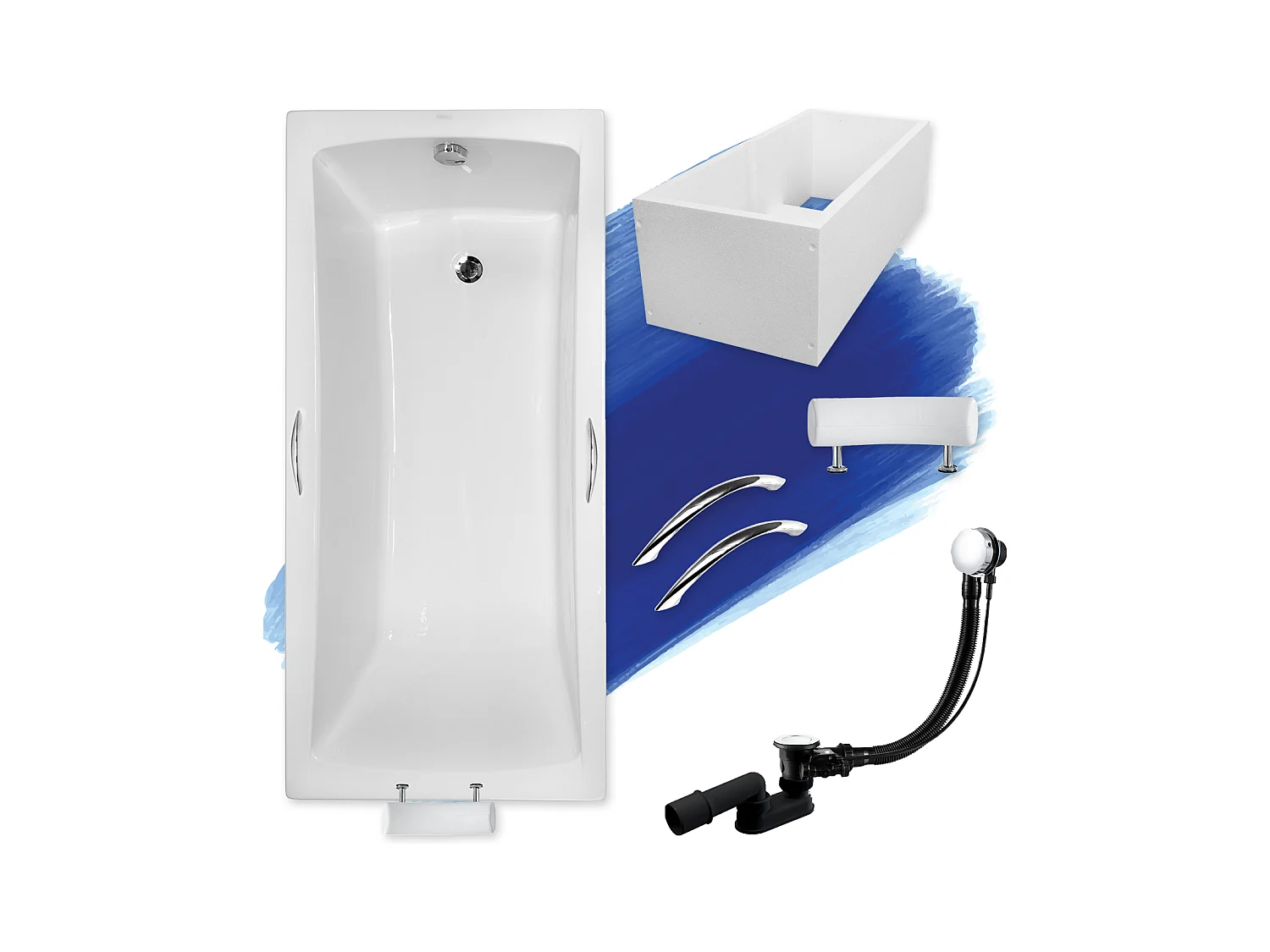 Baignoire rectangulaire 160x70 OPTIMA PREMIUM acrylique + Support stabilisateur en polystyrène + Poignées + Repose Tête + Pieds + Vidage à chromé