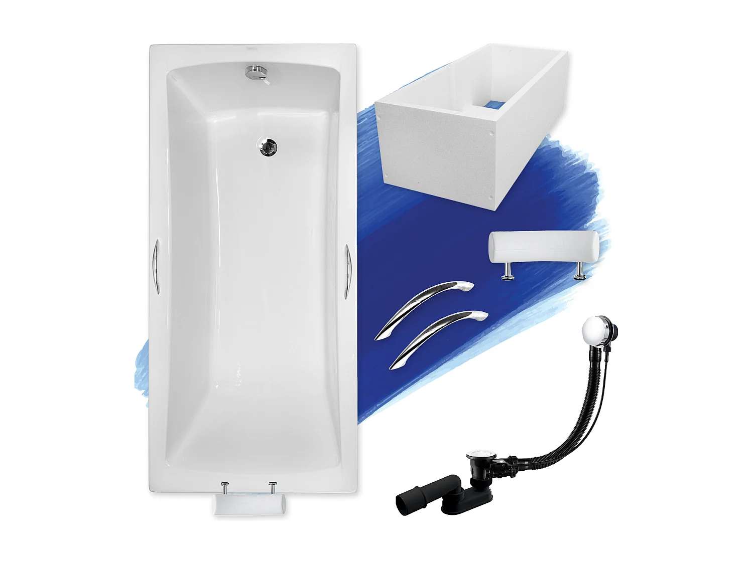 Baignoire rectangulaire 160x70 OPTIMA PREMIUM acrylique + Support stabilisateur en polystyrène + Poignées + Repose Tête + Pieds + Vidage à chromé