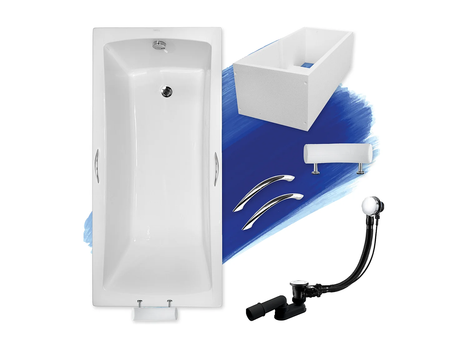 Baignoire rectangulaire 160x70 OPTIMA PREMIUM acrylique + Support stabilisateur en polystyrène + Poignées + Repose Tête + Pieds + Vidage à chromé