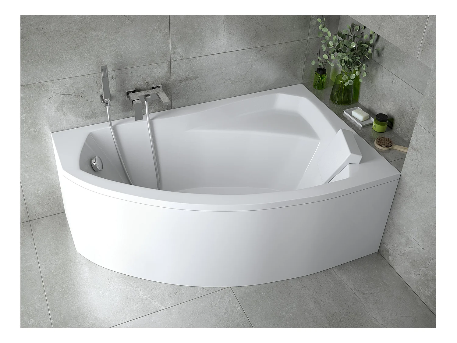 Badewanne Eckwanne RIMA 140x90 Rechts mit AcrylSchürze und weißer Kopfstützen | Ablauf & Füße GRATIS !