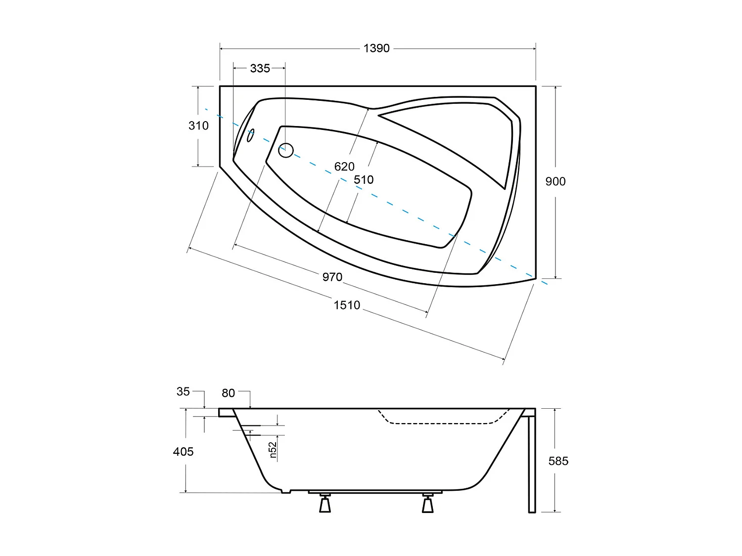 Badewanne Eckwanne RIMA 140x90 Rechts mit AcrylSchürze und weißer Kopfstützen | Ablauf & Füße GRATIS !
