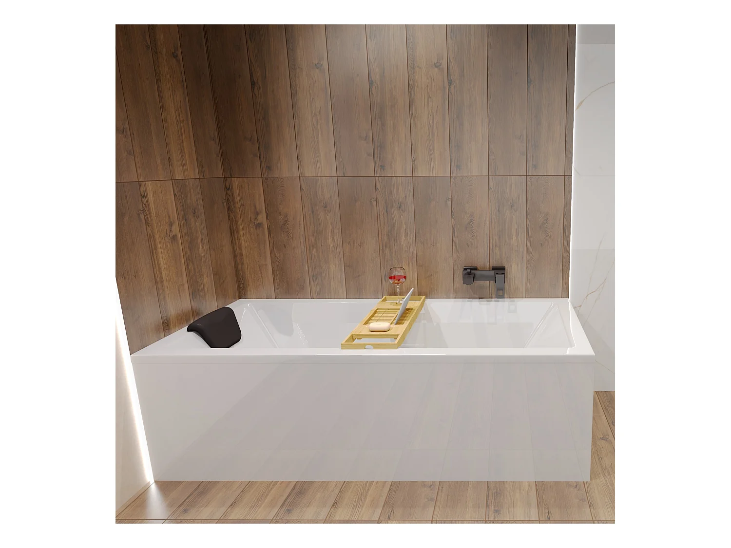 Baignoire rectangulaire 155x70 QUADRO acrylique blanc, sans Habillage + Repose Tête + Étagère bambou + Pieds + Vidage à chromé