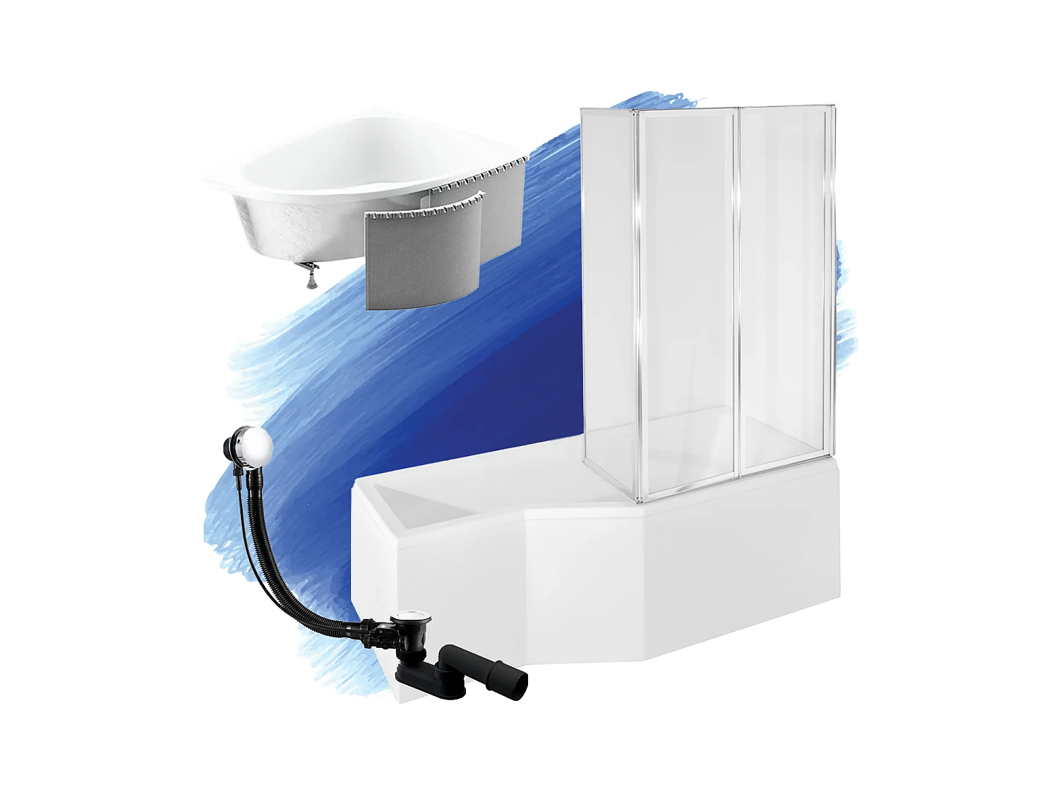 Badewanne Eckwanne INTEGRA 150x75 Rechts mit Styroporverkleidung und Glasabtrennung 3-teilig | Ablauf & Füße GRATIS !