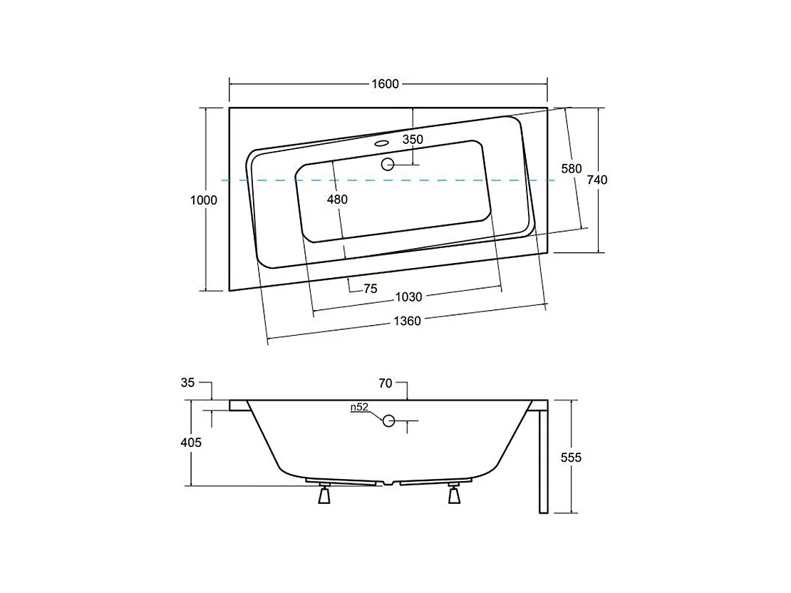 Baignoire asymétrique 160x100 Gauche INFINITY acrylique blanc, sans Habillage + Pieds + Vidage à chromé