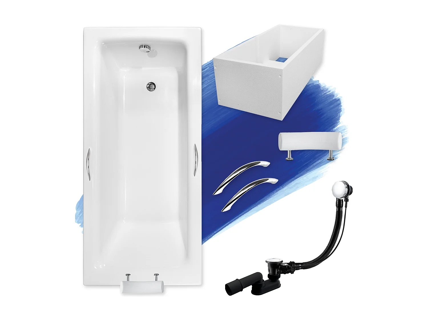 Baignoire rectangulaire 170x75 TALIA PREMIUM acrylique blanc + Support stabilisateur en polystyrène + Poignées + Repose Tête + Pieds + Vidage à chromé