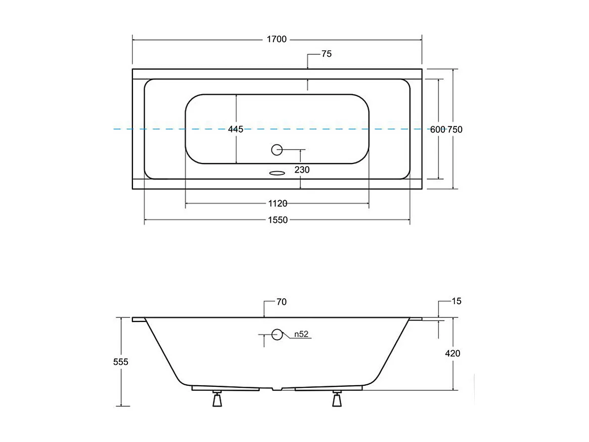 Baignoire rectangulaire 170x75 QUADRO SLIM acrylique blanc + Support stabilisateur en polystyrène + Pieds + Vidage à chromé