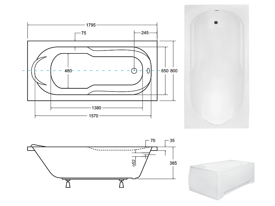 Badewanne Rechteck BONA 180x80 mit Styroporverkleidung | Ablauf & Füße GRATIS !