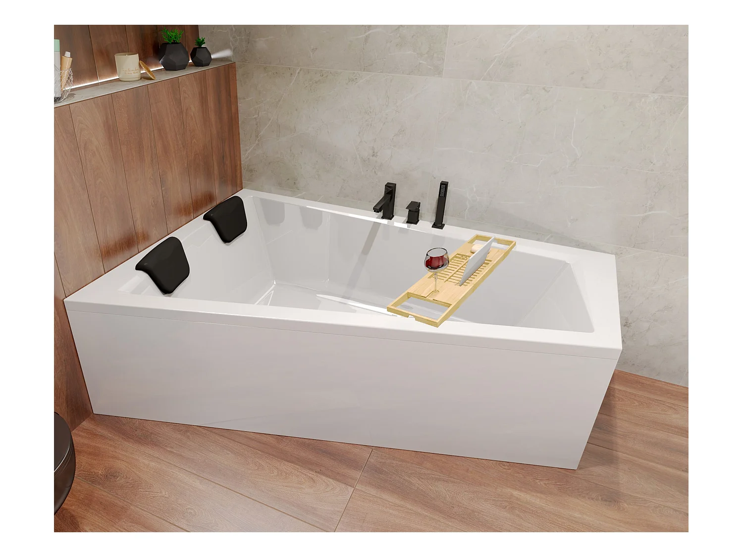 Badewanne Eckwanne INTIMA 150x85 Links | Ablauf & Füße GRATIS ! + 1 Kopfstütze + Bambus Badewannenablage