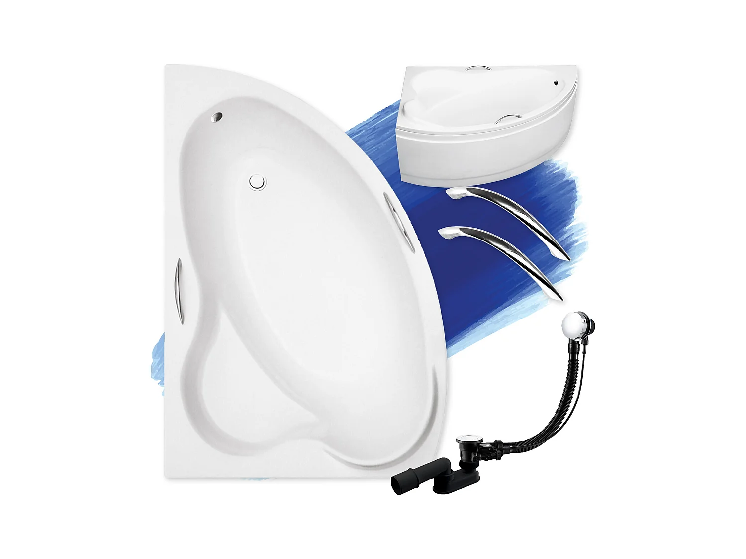 Baignoire asymétrique 160x100 Gauche ADA acrylique blanc + avec Tablier + Poignées + Pieds + Vidage à chromé