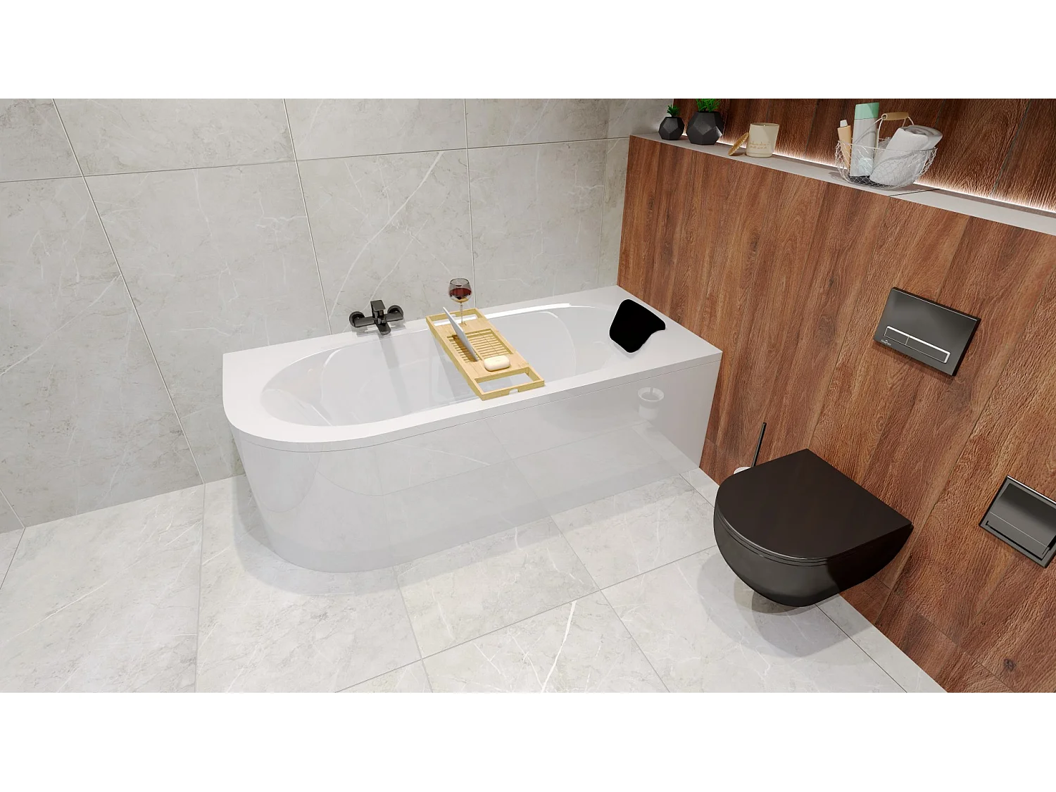 Baignoire asymétrique 180x80 Droite AVITA acrylique blanc, sans Habillage + Étagère bambou + Pieds + Vidage à chromé