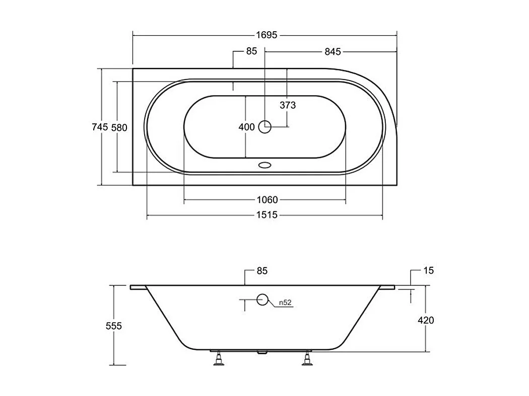 Baignoire asymétrique 170x75 Droite AVITA SLIM acrylique blanc + Habillage en polystyrène (4 cm) + Pieds + Vidage à chromé