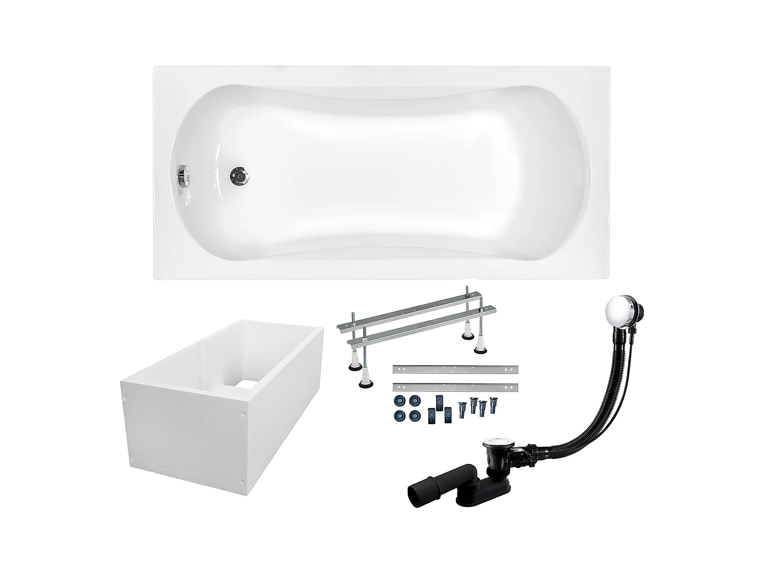 Baignoire rectangulaire 150x70 ARIA acrylique blanc + Support stabilisateur en polystyrène + Pieds + Vidage à chromé