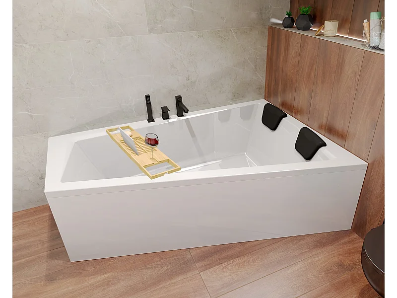 Badewanne Eckwanne INTIMA 180x125 Rechts | Ablauf & Füße GRATIS ! + 1 Kopfstütze + Bambus Badewannenablage