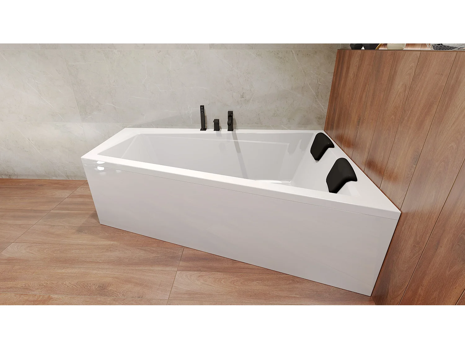 Baignoire asymétrique 180x125 Droite INTIMA acrylique blanc, sans Habillage + Repose Tête + Étagère bambou + Pieds + Vidage à chromé