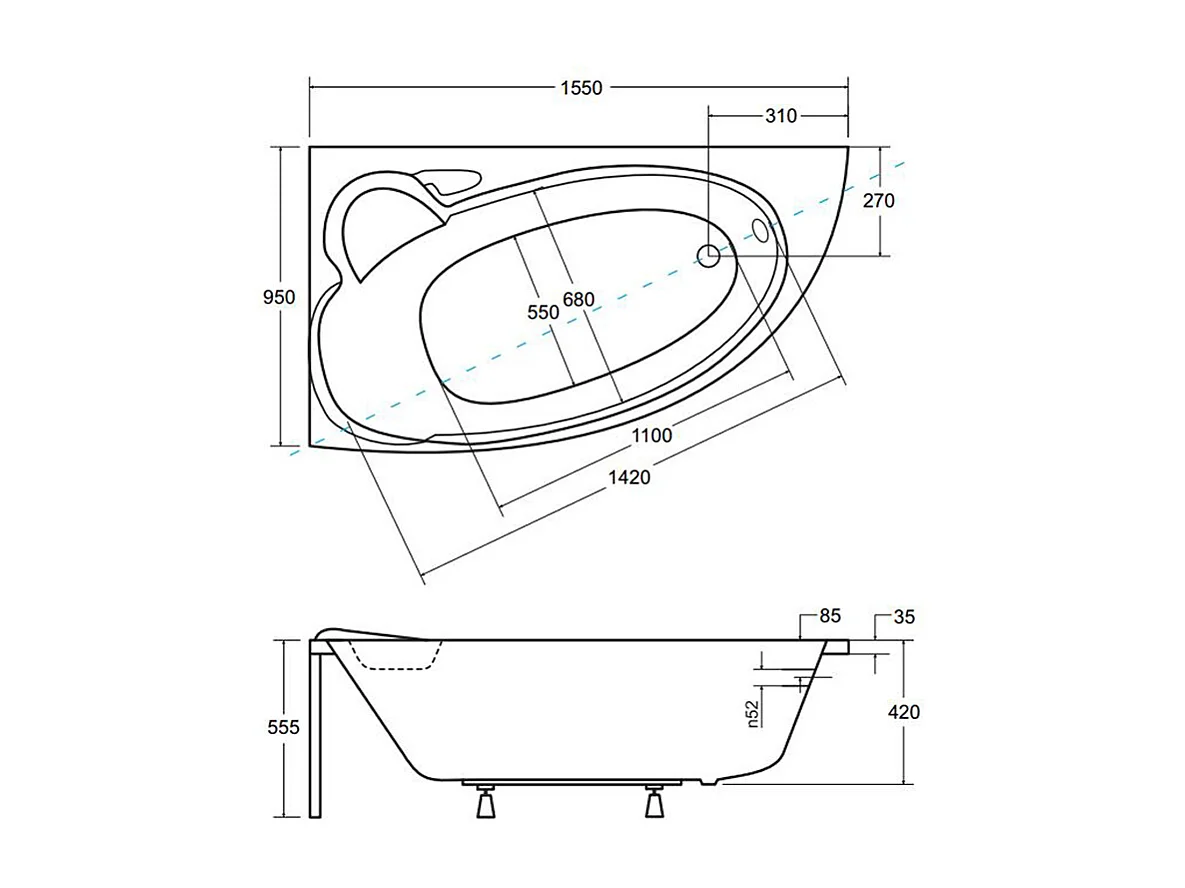 Badewanne Eckwanne FINEZJA 155x95 Links mit AcrylSchürze | Ablauf & Füße GRATIS !