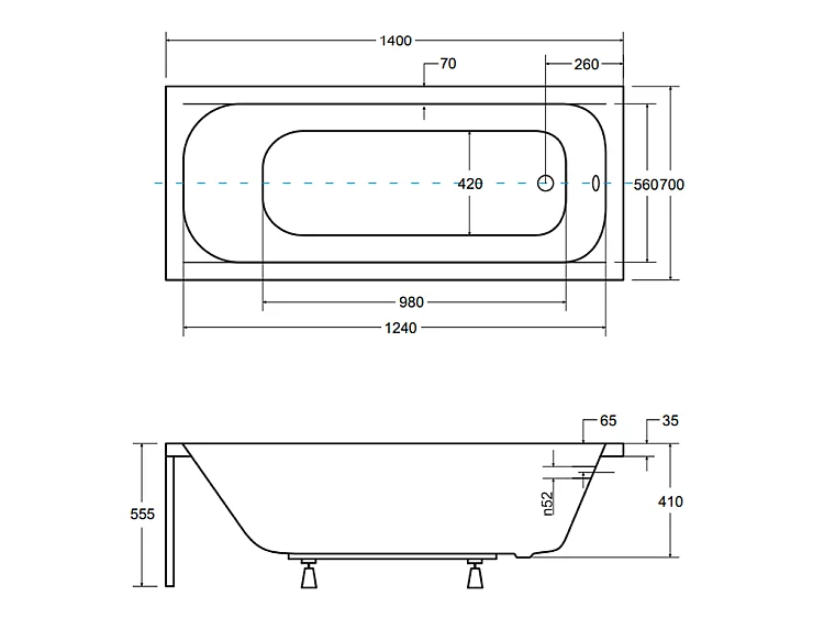Baignoire rectangulaire 140x70 CONTINEA acrylique blanc, sans Habillage + Pieds + Vidage à chromé