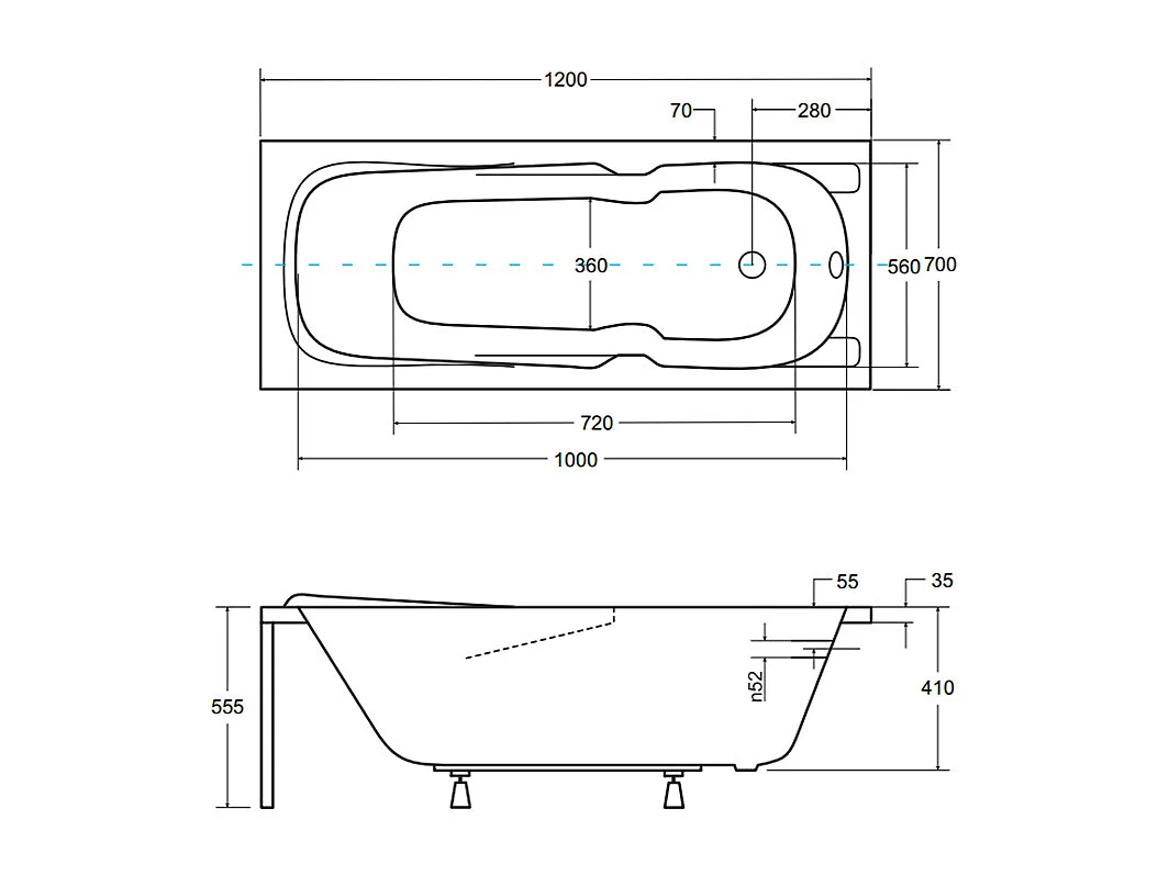 Badewanne Rechteck MAJKA 120x70 mit Wannenträger | Ablauf & Füße GRATIS !