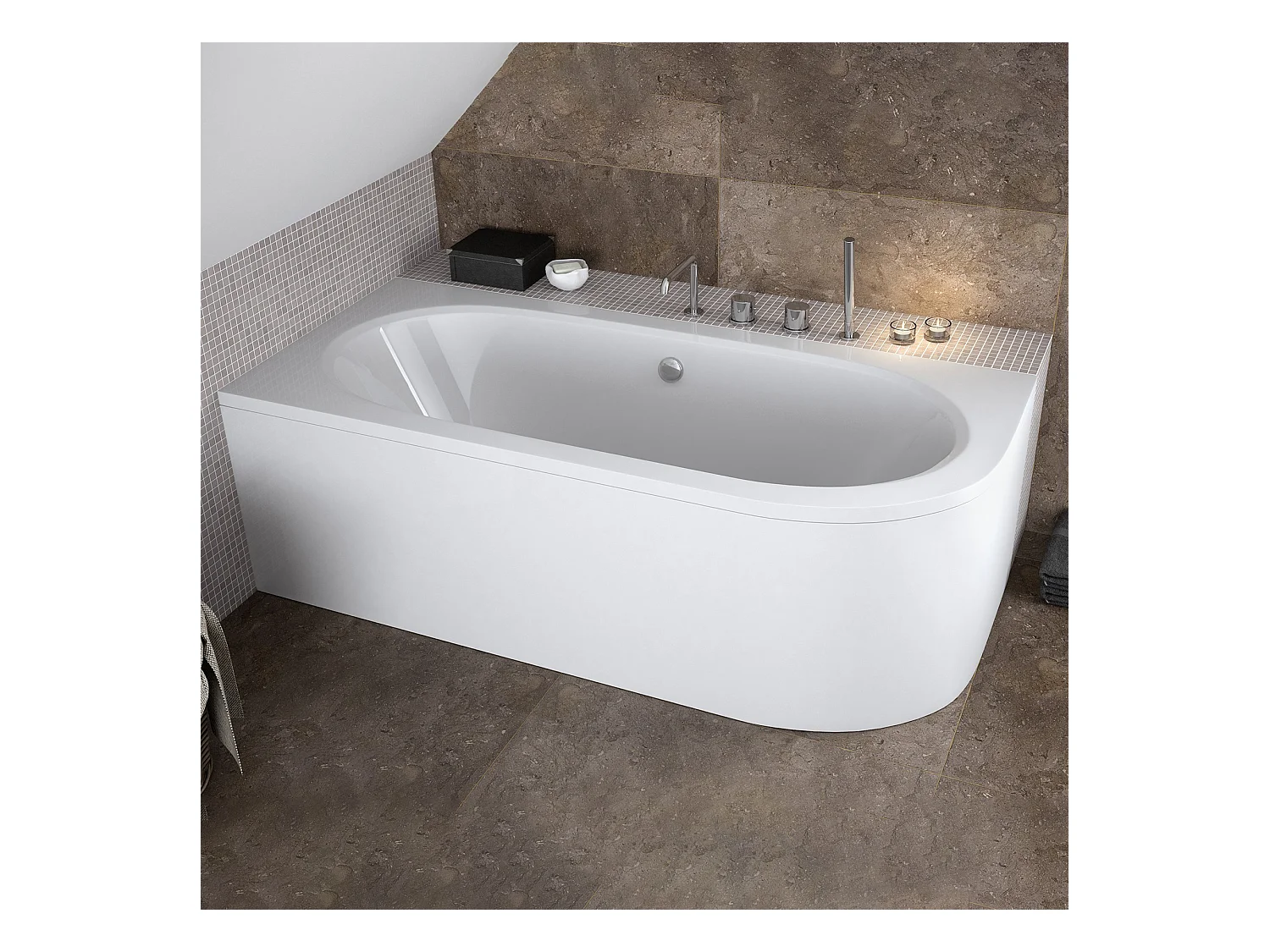 Baignoire asymétrique 150x75 Gauche AVITA acrylique blanc + avec Tablier + Pieds + Vidage à chromé