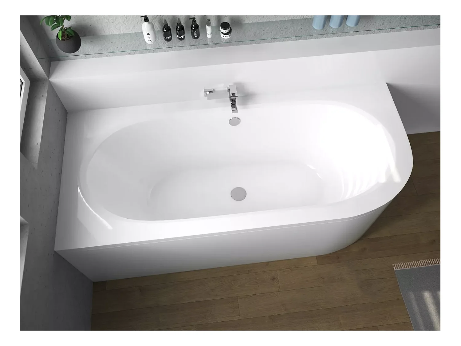 Baignoire asymétrique 150x75 Gauche AVITA acrylique blanc + avec Tablier + Pieds + Vidage à chromé