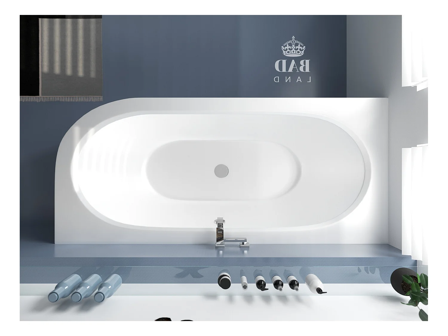 Baignoire asymétrique 150x75 Gauche AVITA acrylique blanc + avec Tablier + Pieds + Vidage à chromé