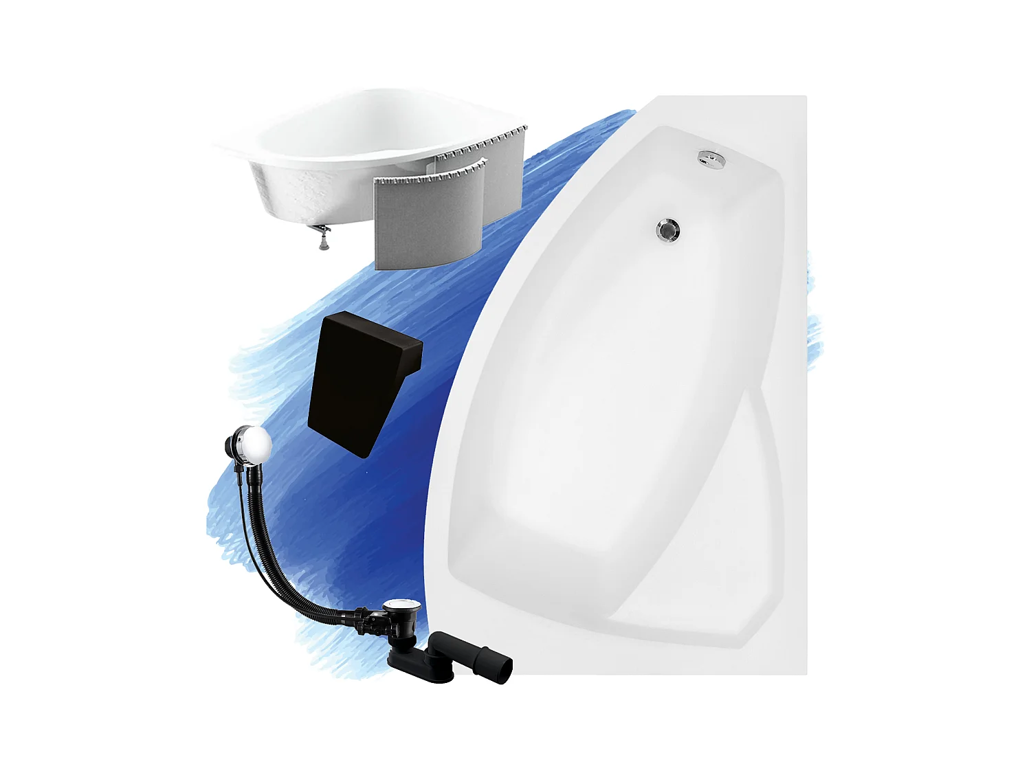 Badewanne Eckwanne RIMA 170x110 Rechts mit Styroporverkleidung und schwarzer Kopfstützen | Ablauf & Füße GRATIS !