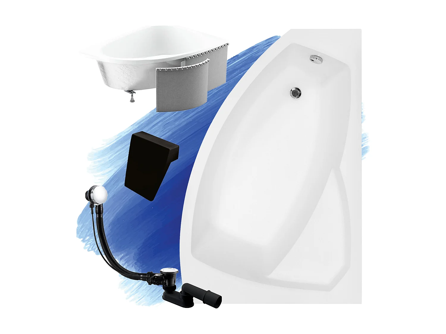 Badewanne Eckwanne RIMA 170x110 Rechts mit Styroporverkleidung und schwarzer Kopfstützen | Ablauf & Füße GRATIS !