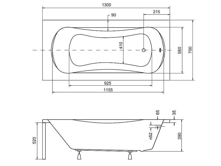Baignoire rectangulaire 130x70 ARIA acrylique blanc, sans Habillage + Pieds + Vidage à chromé