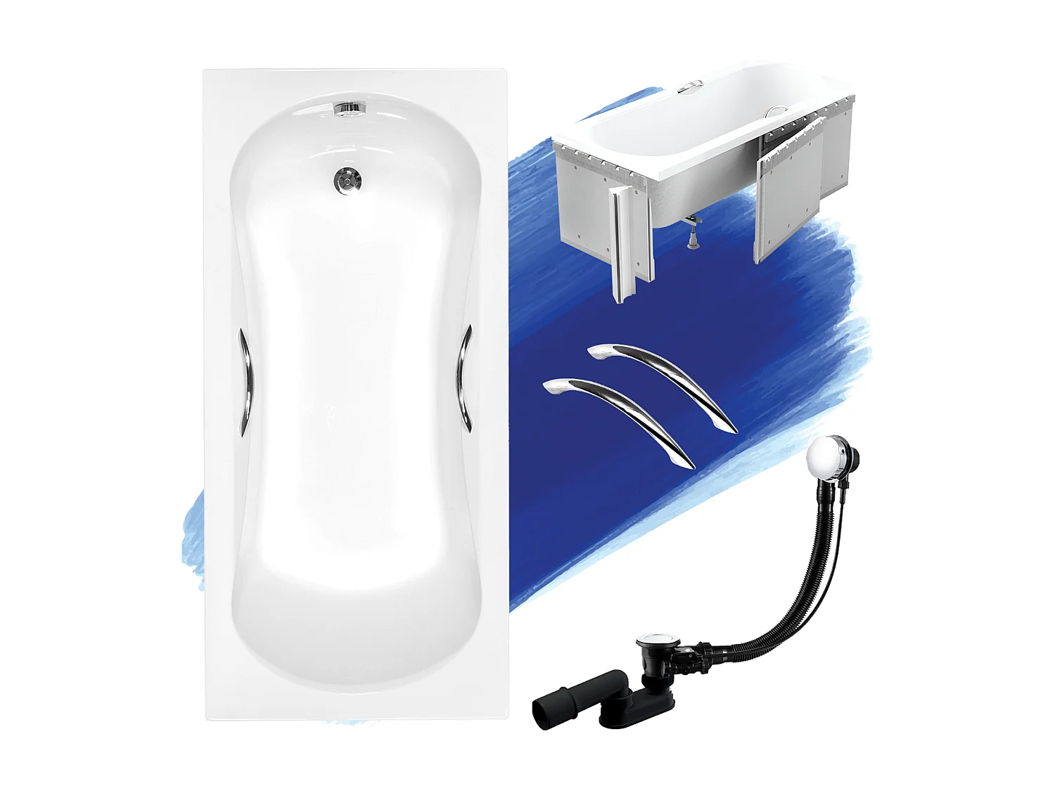 Baignoire rectangulaire 160x70 ARIA PLUS acrylique blanc + Habillage en polystyrène + Poignées + Pieds + Vidage à chromé