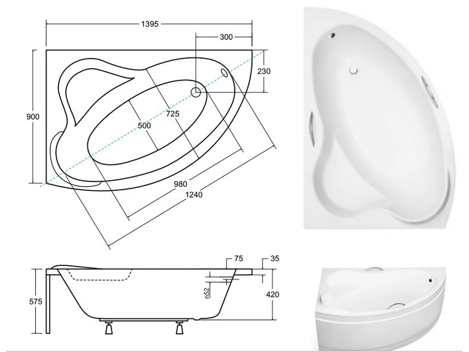 Badewanne Eckwanne ADA 140x90 Links | Ablauf & Füße GRATIS !